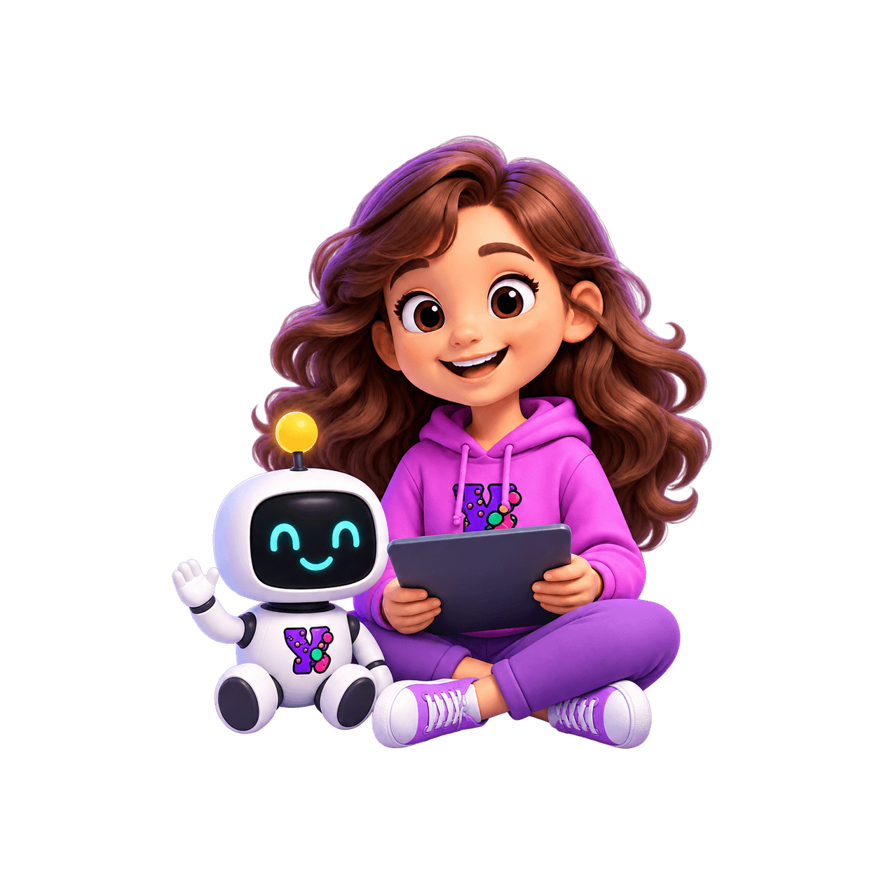 A smiling girl with a tablet beside her friendly robot companion