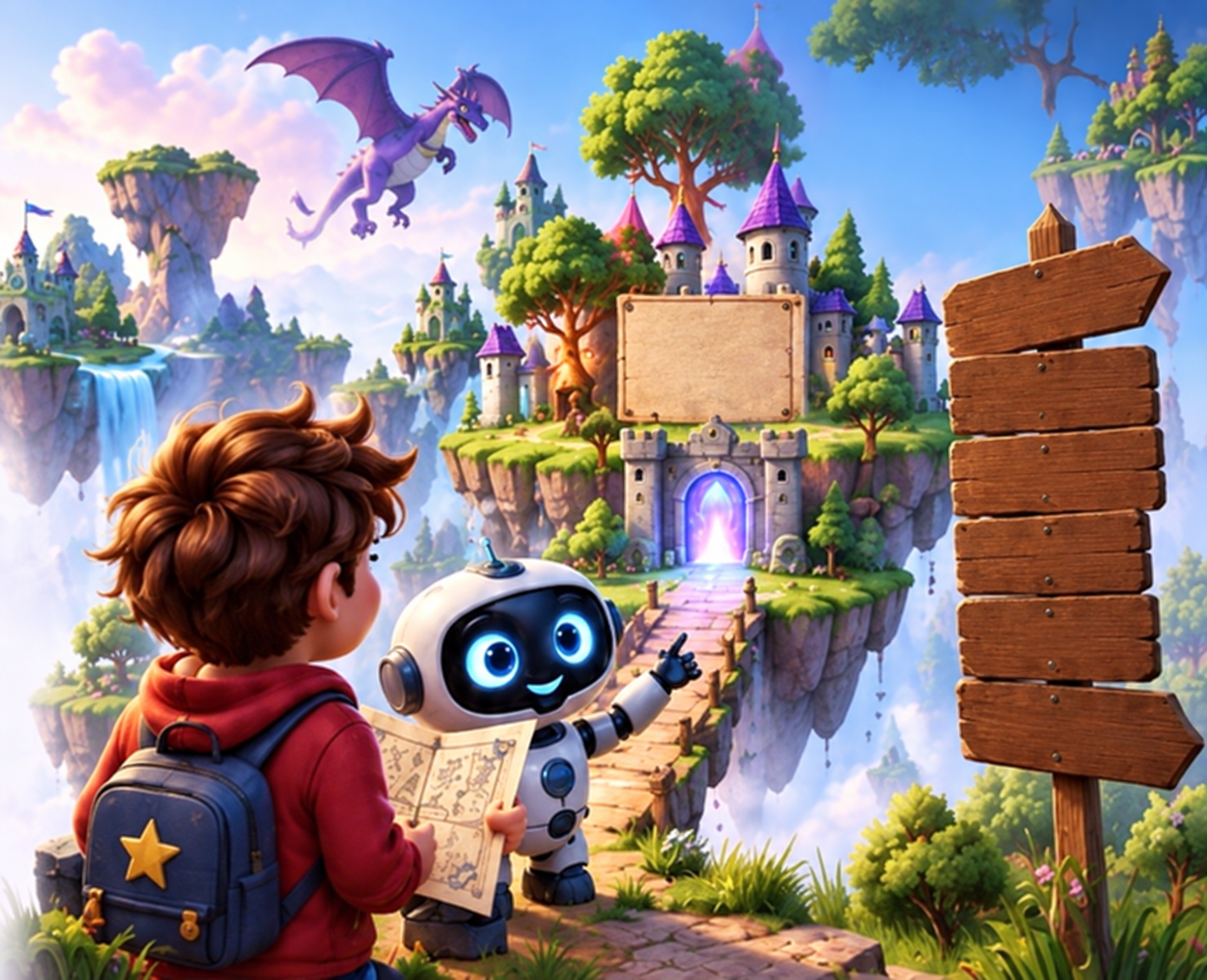 A child and Buddy plan an adventure among floating islands, castles, and a dragon